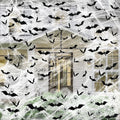 Halloween decoration kit with stretch spider webs, bats, and spiders covering a house exterior