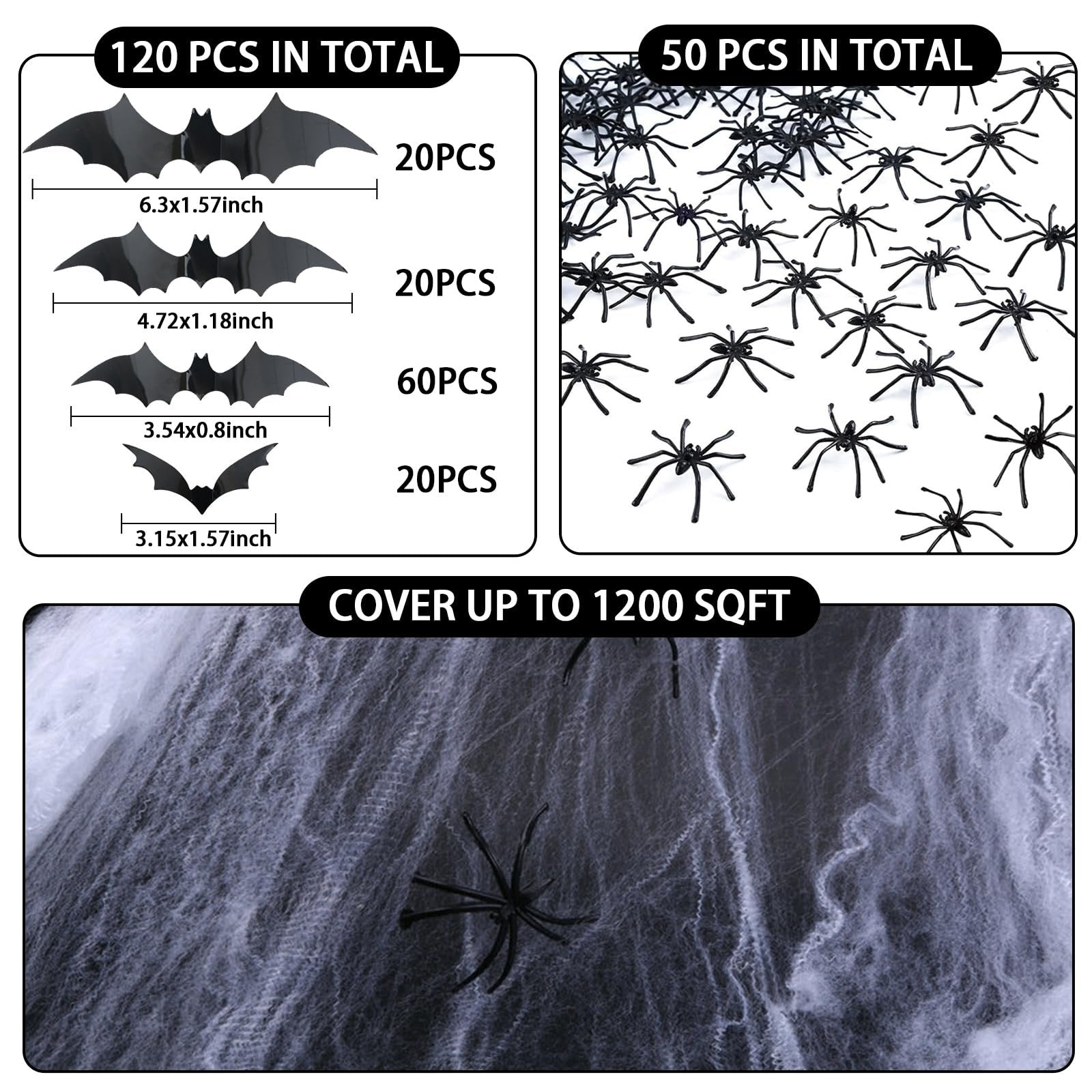 Halloween decoration kit showing bat stickers, fake spiders, and stretchable spider webs.