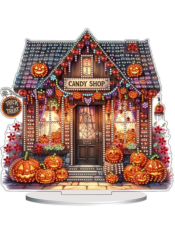 Halloween candy shop tabletop ornament with pumpkins and lights, includes a base for display.
