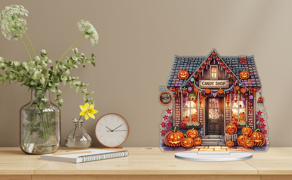 Halloween candy shop tabletop ornament with pumpkins and lights, displayed on a desk with flowers and a clock.