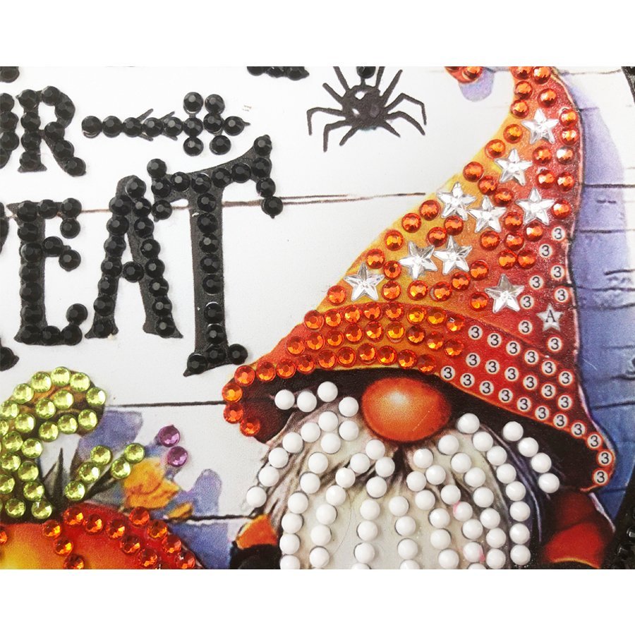 Halloween diamond art gnome tabletop ornament with text 'Trick or Treat' and a spider.