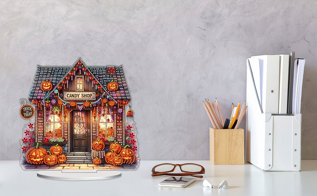 Halloween candy shop tabletop ornament with pumpkins and lights, displayed on a desk.