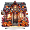 Halloween candy shop tabletop ornament with pumpkins and lights, featuring a 'Candy Shop' sign and 'Trick or Treat' sign.