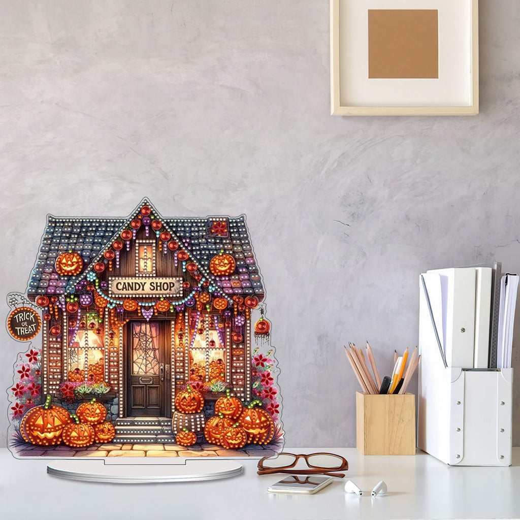 Halloween candy shop tabletop ornament with pumpkins and lights, displayed on a desk.