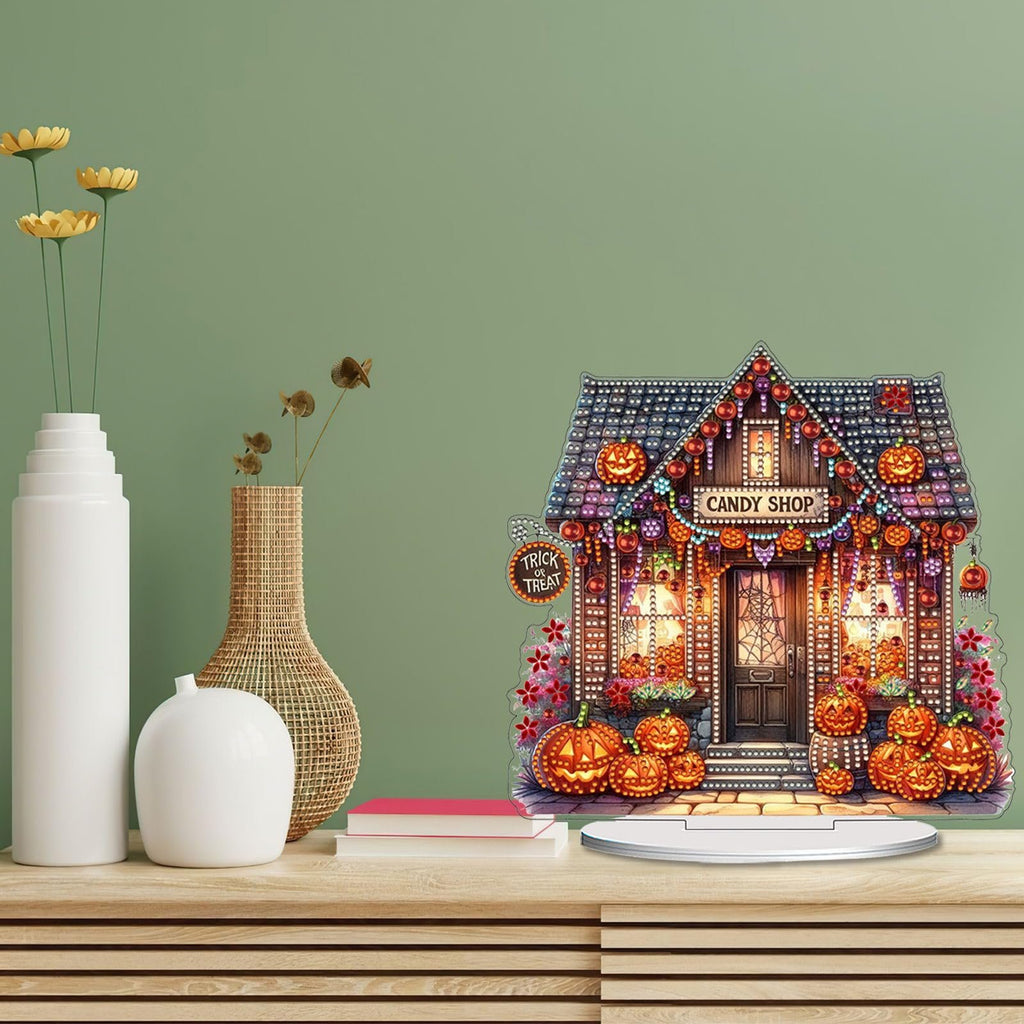 Halloween candy shop tabletop ornament with pumpkins and lights, displayed on a shelf.