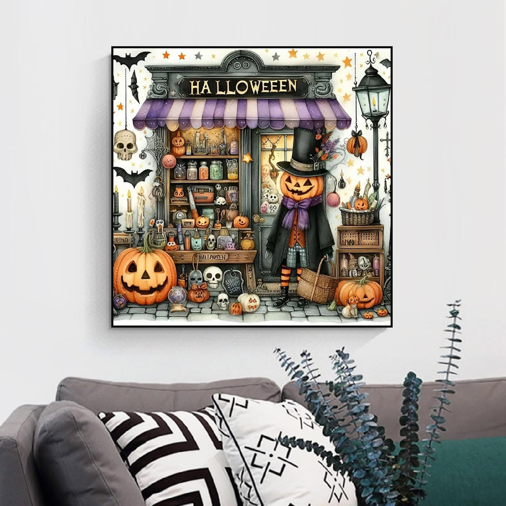 Halloween diamond painting kit featuring a vintage shop with a jack-o'-lantern character, pumpkins, skulls, and bats.