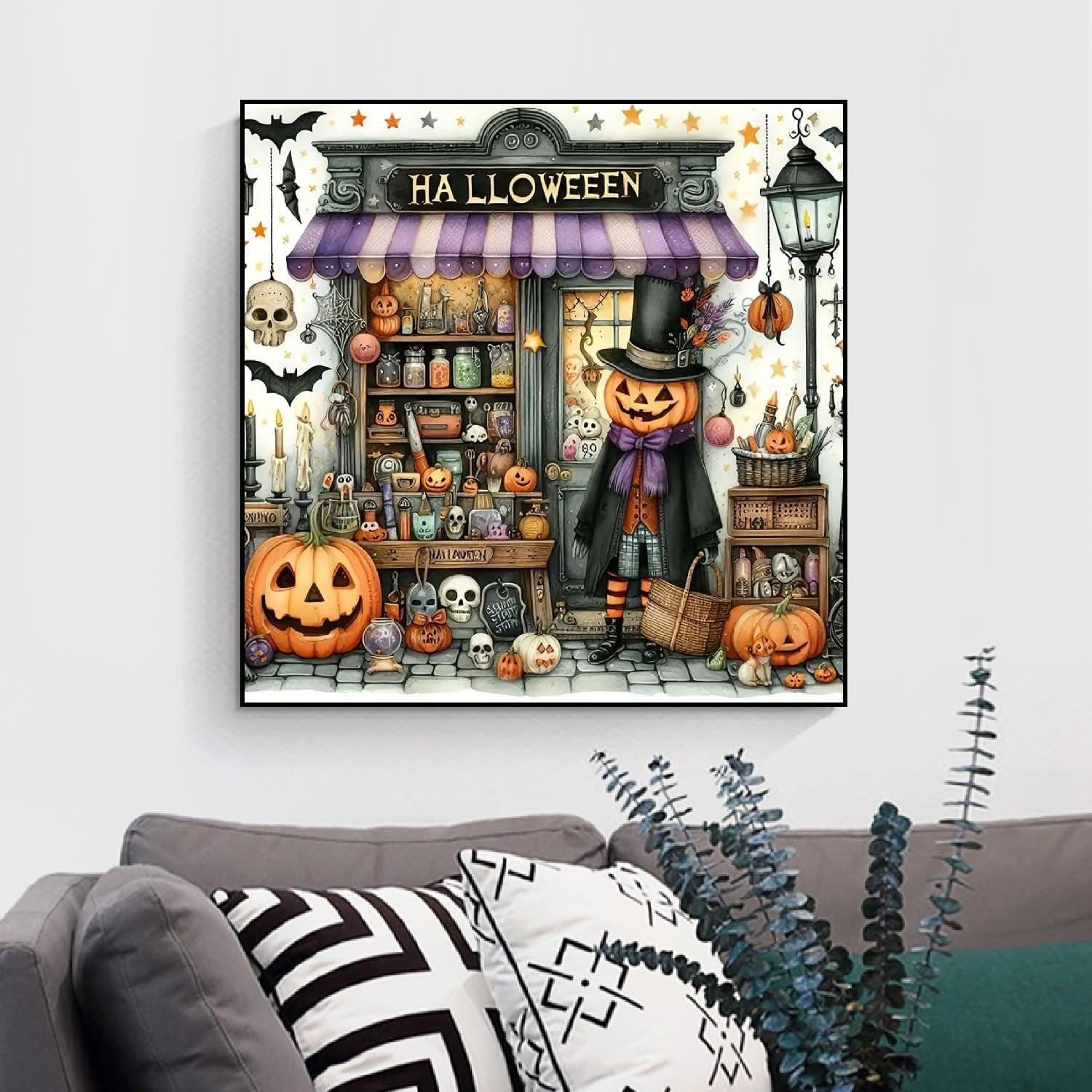 Halloween diamond painting kit featuring a vintage shop with a jack-o'-lantern character, pumpkins, skulls, and bats.