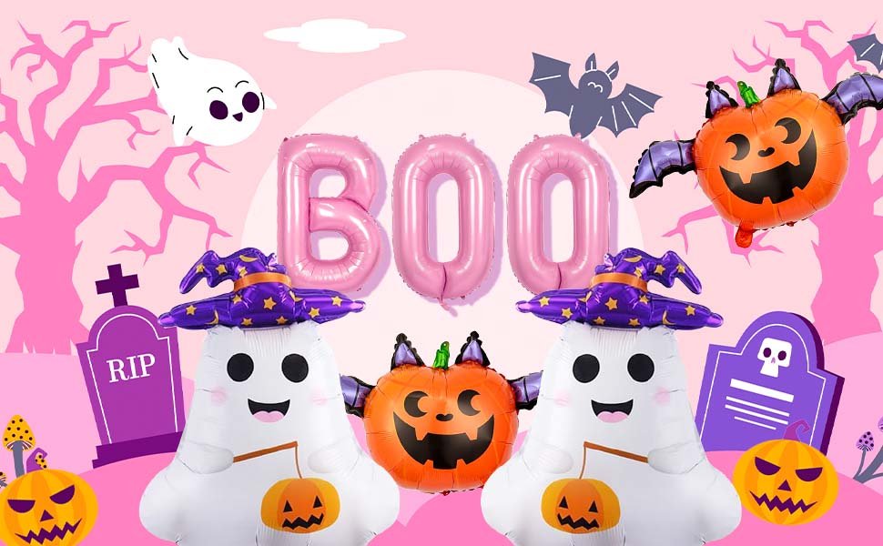 Halloween foil balloon decoration set with pink BOO letters, ghost, pumpkin, and tombstone shapes.