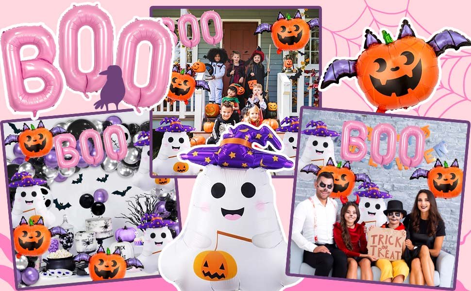 Collage of Halloween decorations including pink BOO balloons, ghost and pumpkin inflatables, and families celebrating.
