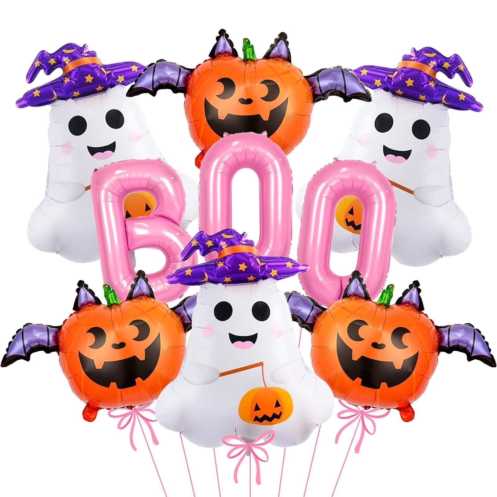 Halloween balloon set with pink BOO letters, white ghosts wearing witch hats, and orange pumpkins with bat wings