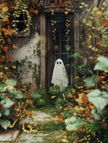A white ghost costume stands in a doorway surrounded by overgrown plants and fallen leaves.