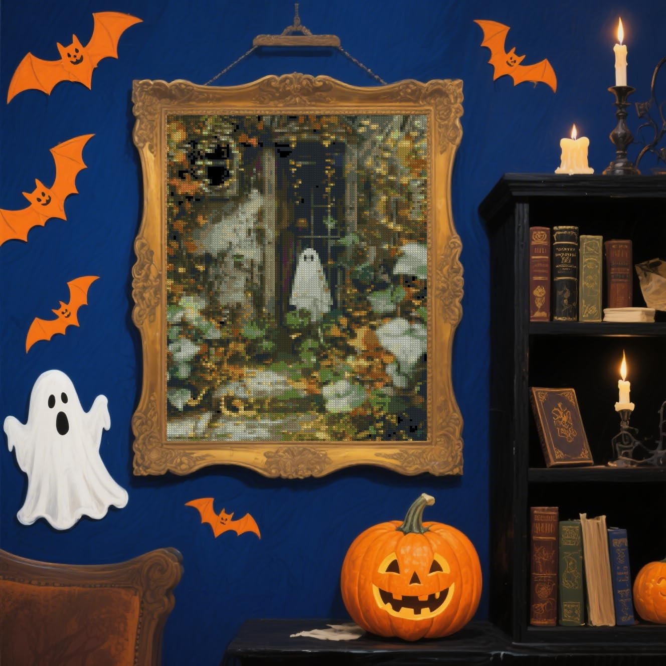 Halloween cross stitch artwork of a ghost in a garden, framed and hanging on a blue wall with decorative bats and a jack-o'-lantern.
