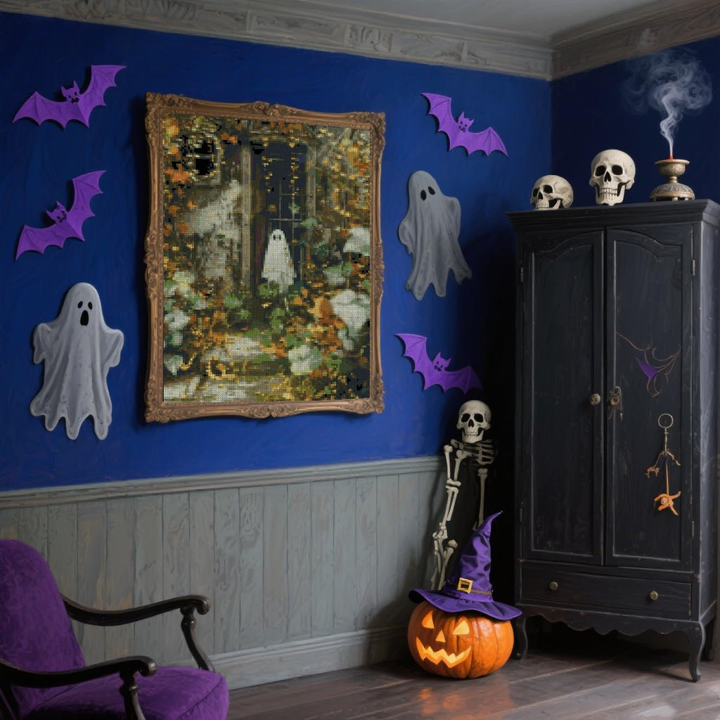Halloween scene with a framed cross-stitch of a ghost in a forest, purple bats, ghosts, skulls, and a jack-o-lantern.