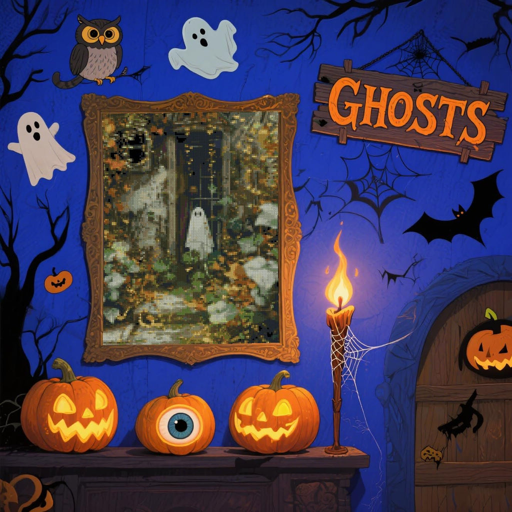 Halloween cross stitch kit with a ghost design, framed and hanging above pumpkins and a candle.