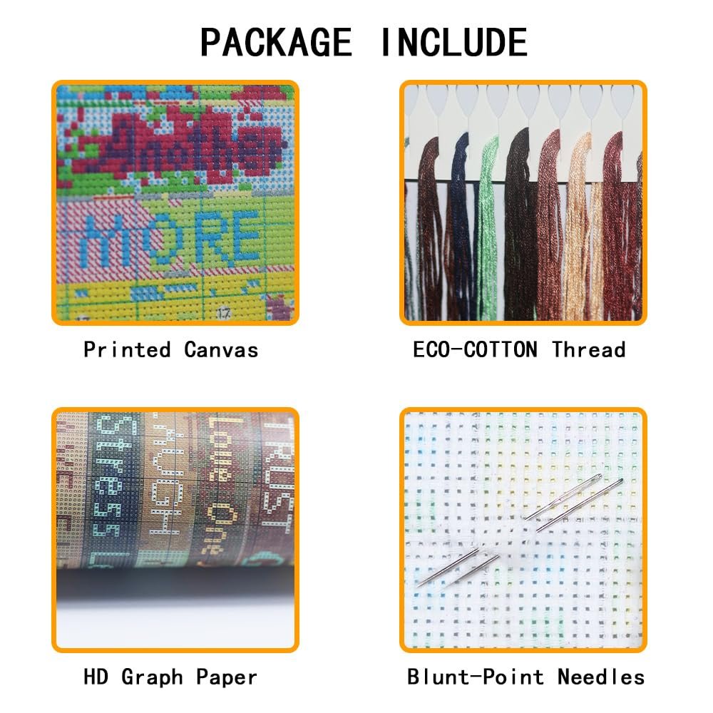 Cross stitch kit contents: printed canvas, ECO-COTTON thread, HD graph paper, and blunt-point needles.