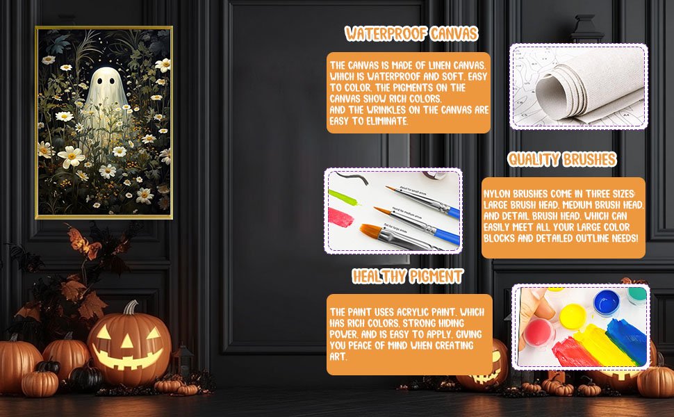 Halloween ghost paint by numbers kit with canvas, brushes, and paint pots displayed with pumpkins.