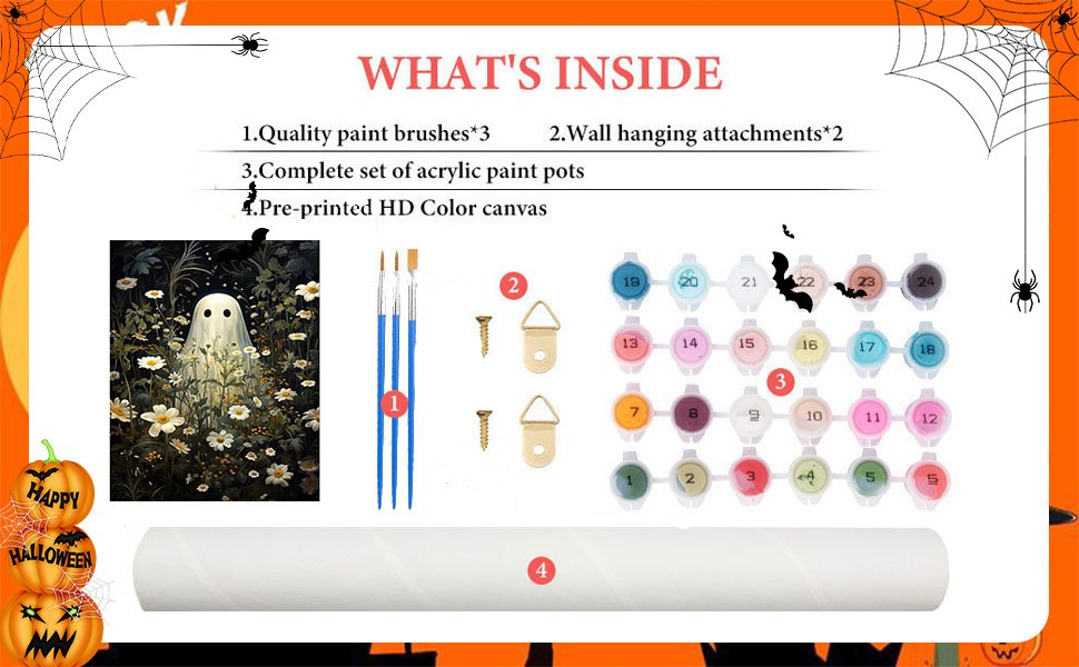 Halloween ghost paint by numbers kit contents: canvas, brushes, paint pots, and hanging hardware.