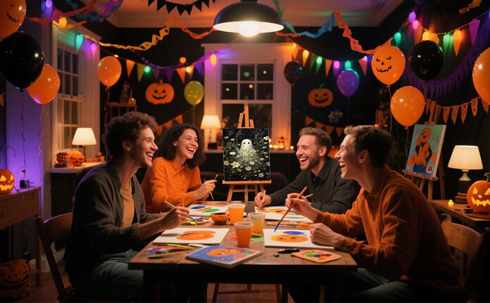 Four adults laughing while painting at a table decorated for Halloween, with a ghost painting on an easel.