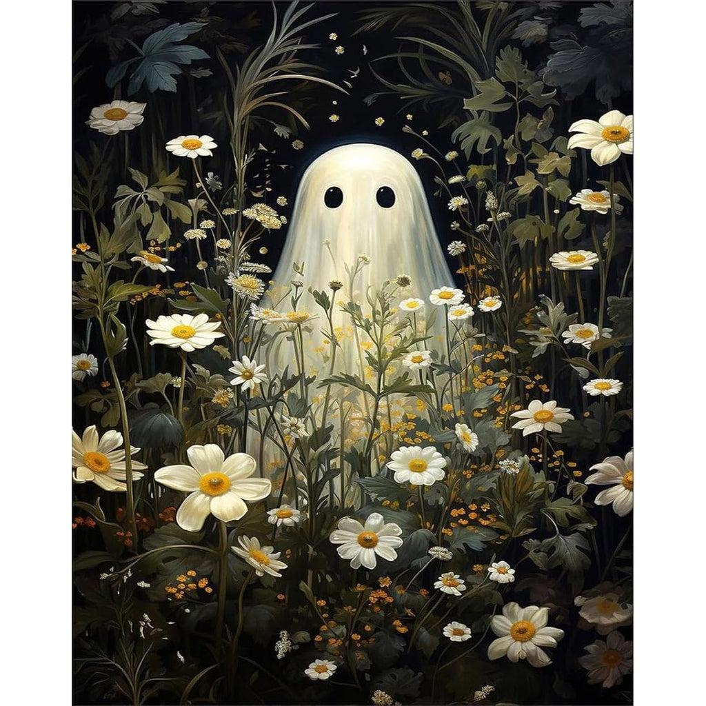 Ghost surrounded by daisies and foliage, dark background, artistic rendering
