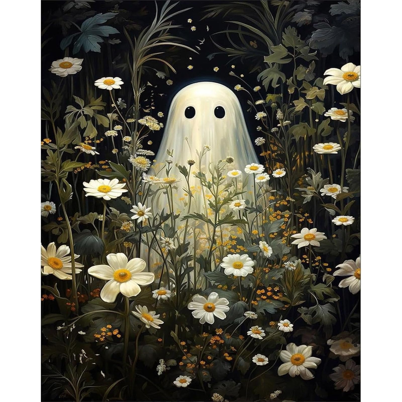 Ghost surrounded by daisies and foliage, dark background, artistic rendering