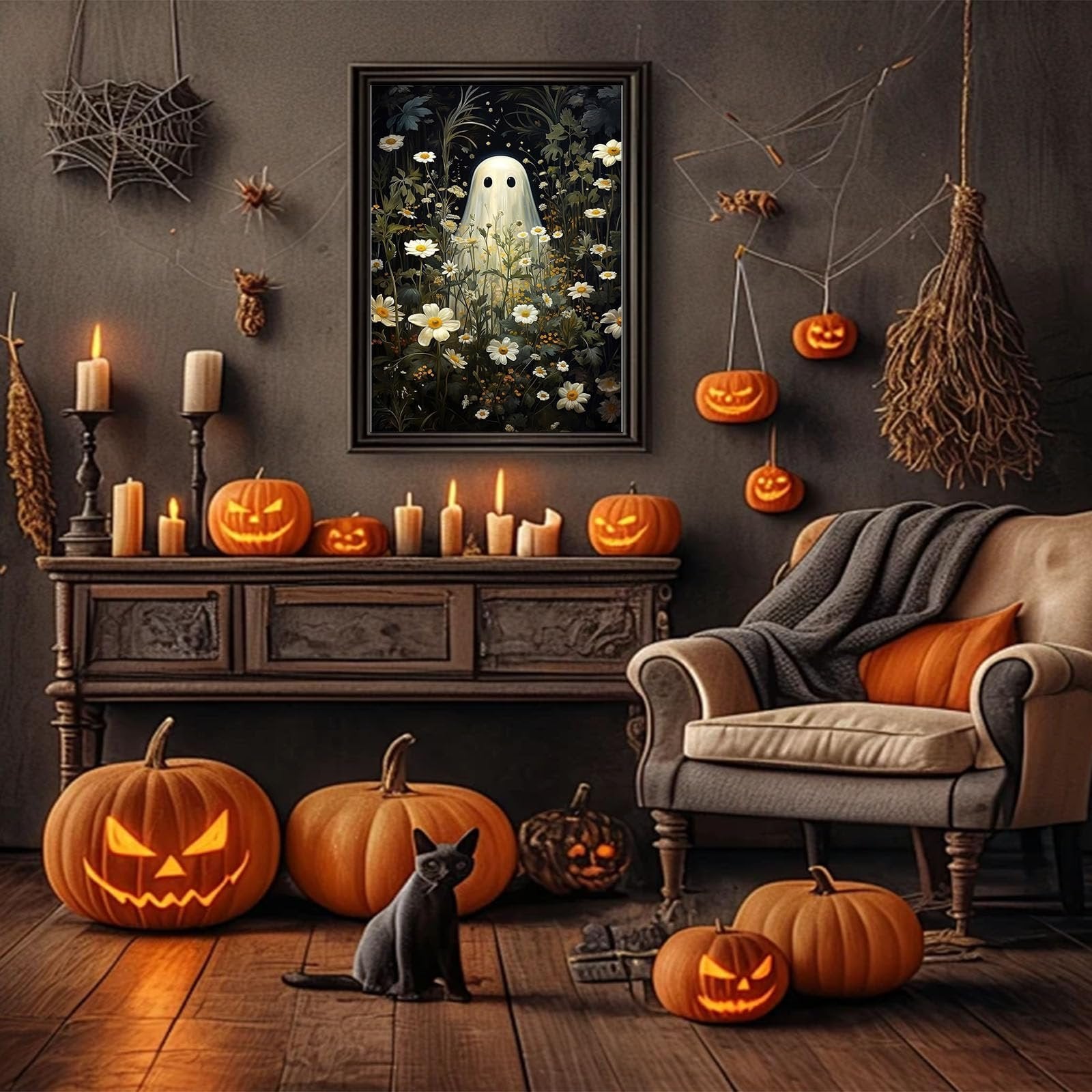 Halloween scene with a ghost painting on the wall, jack-o'-lanterns, candles, and a black cat.