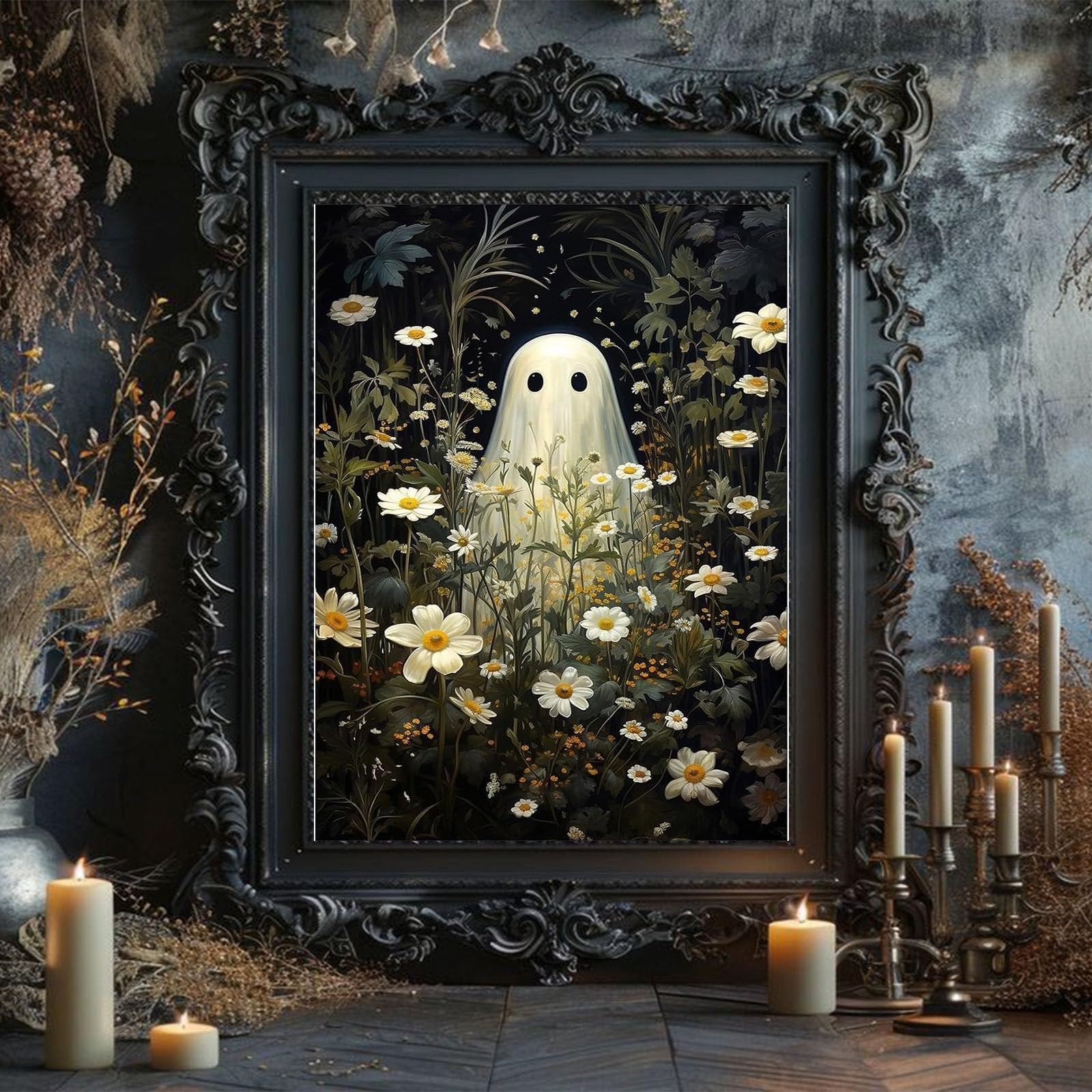 Halloween ghost painting in a dark floral setting, framed and displayed with candles.