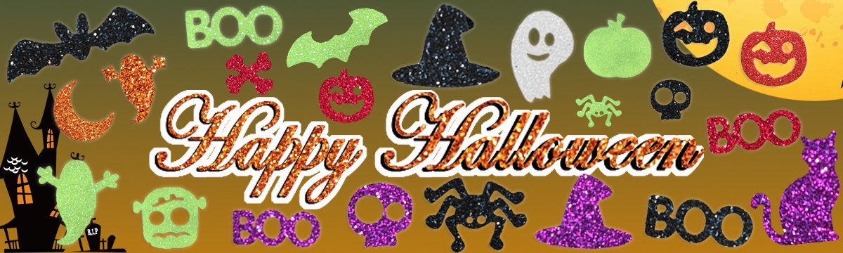 Halloween glitter foam stickers including bats, ghosts, pumpkins, skulls, hats, and the words Happy Halloween and Boo.