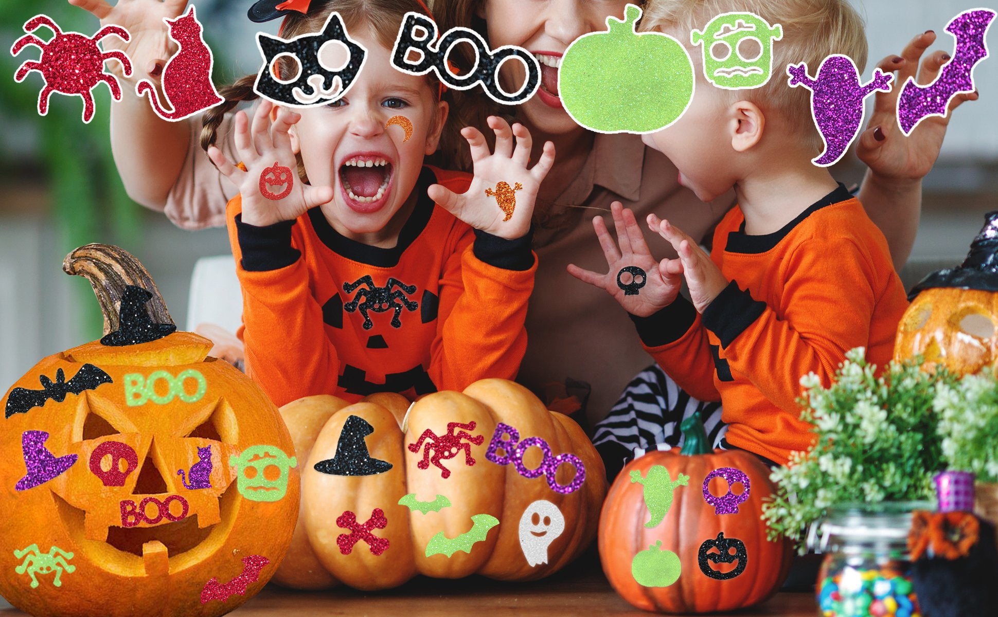 Children and pumpkins decorated with glittery Halloween stickers like spiders, bats, ghosts, and skulls.