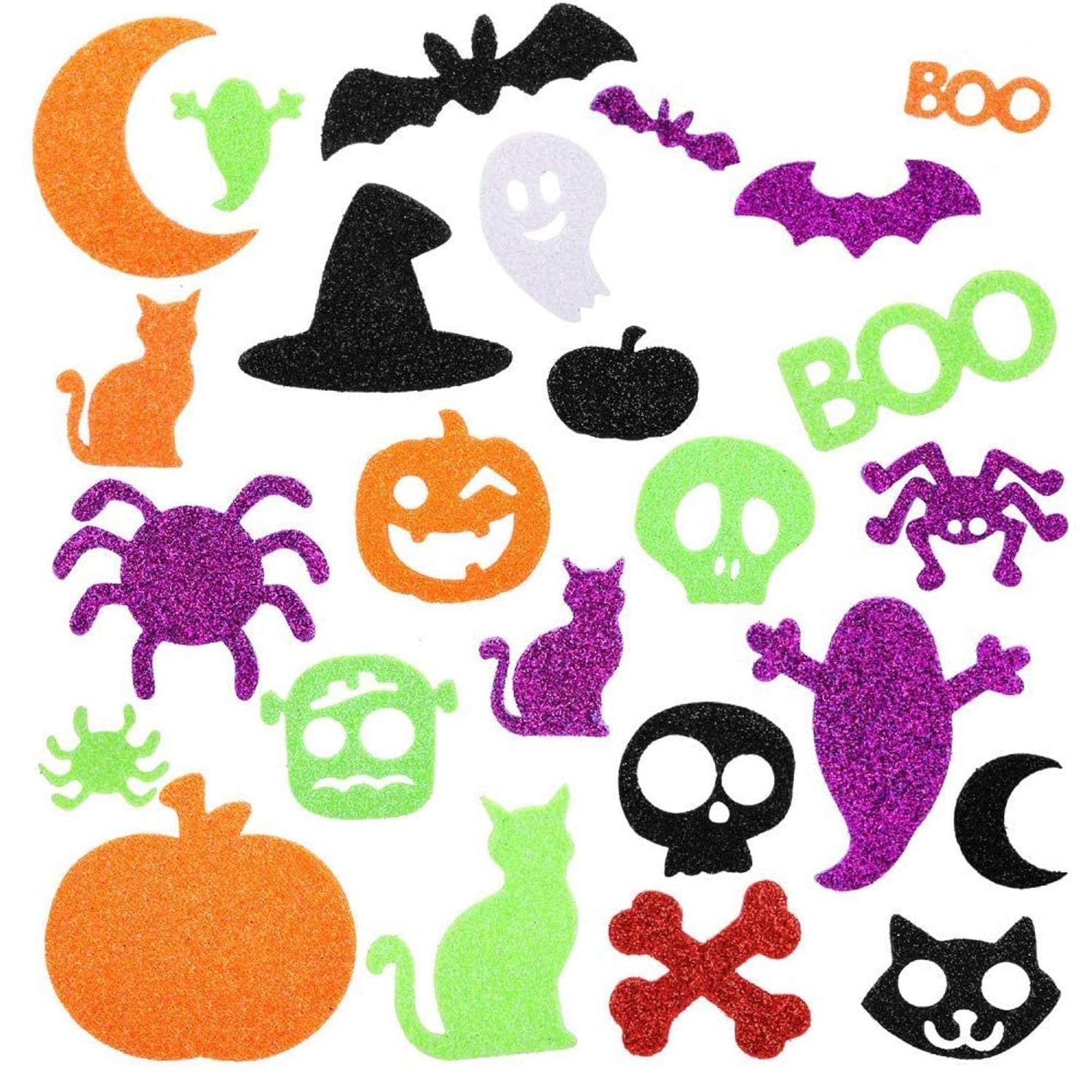 Assortment of glitter foam Halloween stickers including pumpkins, ghosts, bats, cats, skulls, and moons.