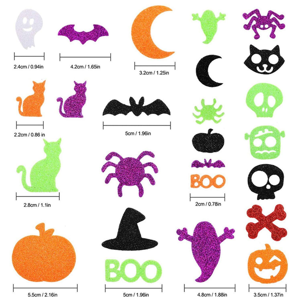 Halloween glitter foam stickers in various shapes like pumpkins, ghosts, bats, cats, skulls, and moons, with size dimensions shown.
