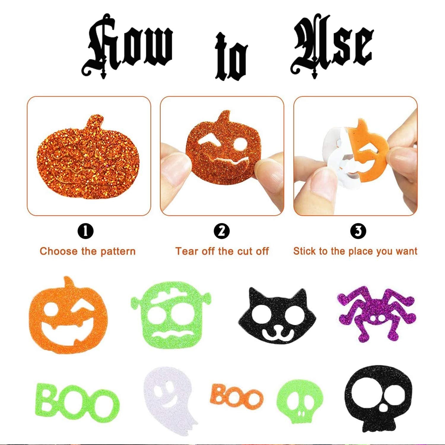 Halloween glitter foam stickers showing how to use them, with pumpkin, ghost, cat, spider, skull, and BOO shapes.