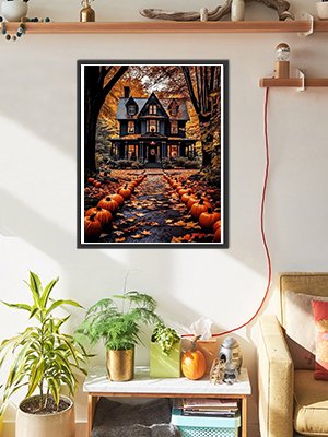 Paint by number canvas depicting a haunted house on a path lined with pumpkins and fallen leaves