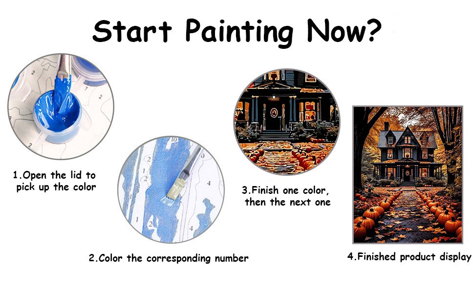 Paint by number kit instructions showing steps to paint a Halloween house with pumpkins.
