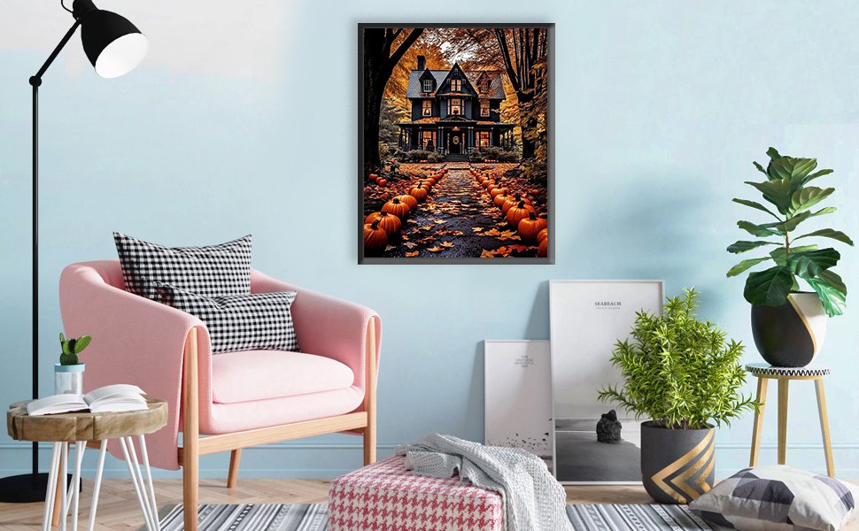Halloween house paint by number kit displayed in a living room setting with pumpkins and autumn leaves on the path.