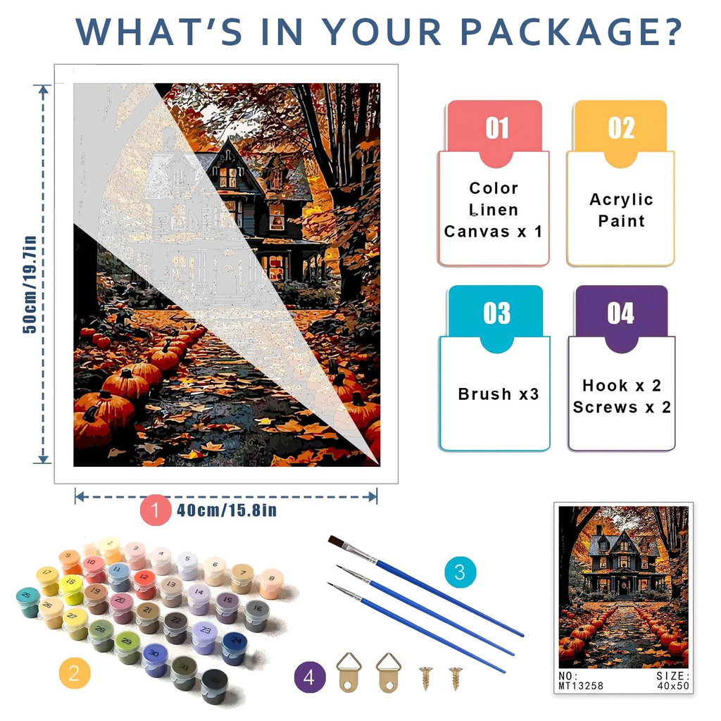 Paint by number kit contents: canvas with partially painted haunted house, numbered paint pots, brushes, and hardware.