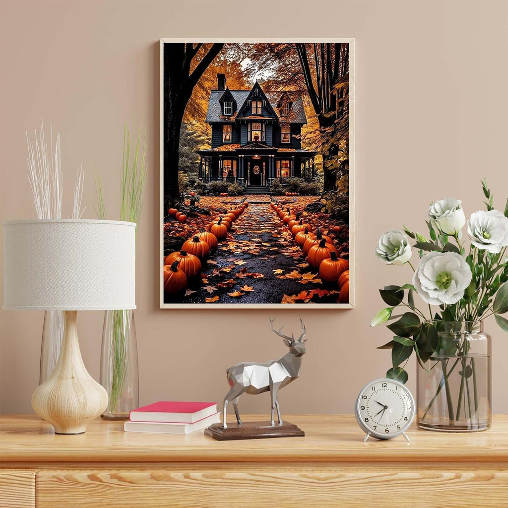 Paint by number canvas depicting a haunted house on a path lined with pumpkins and autumn leaves