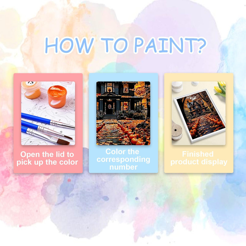 Paint by number kit instructions showing paint pots, brushes, and finished artwork of a house with pumpkins.