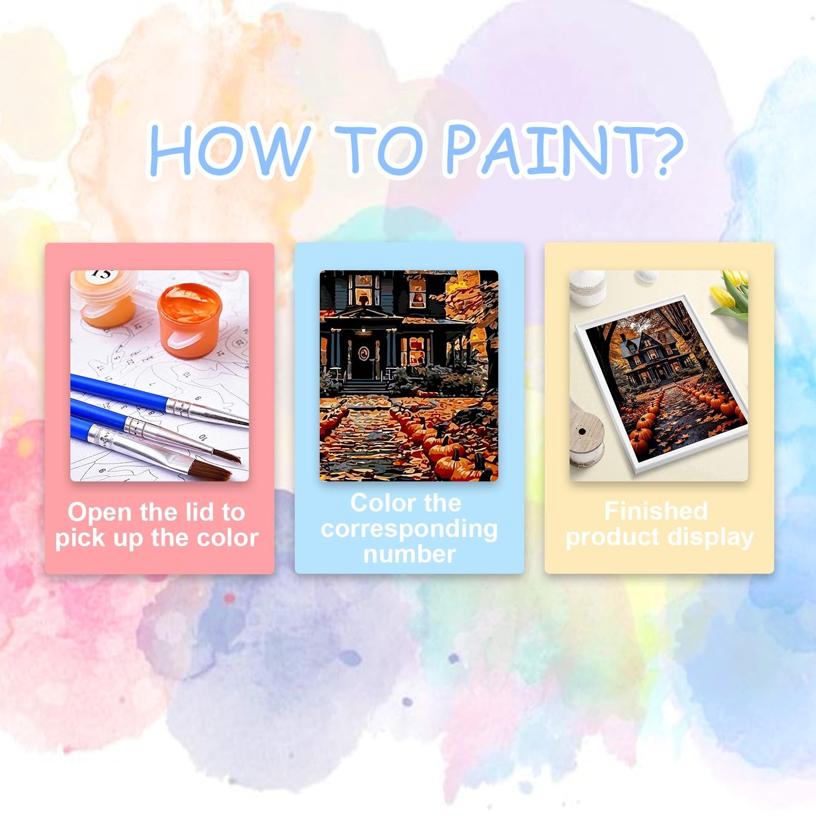 Paint by number kit instructions showing paint pots, brushes, and finished artwork of a house with pumpkins.