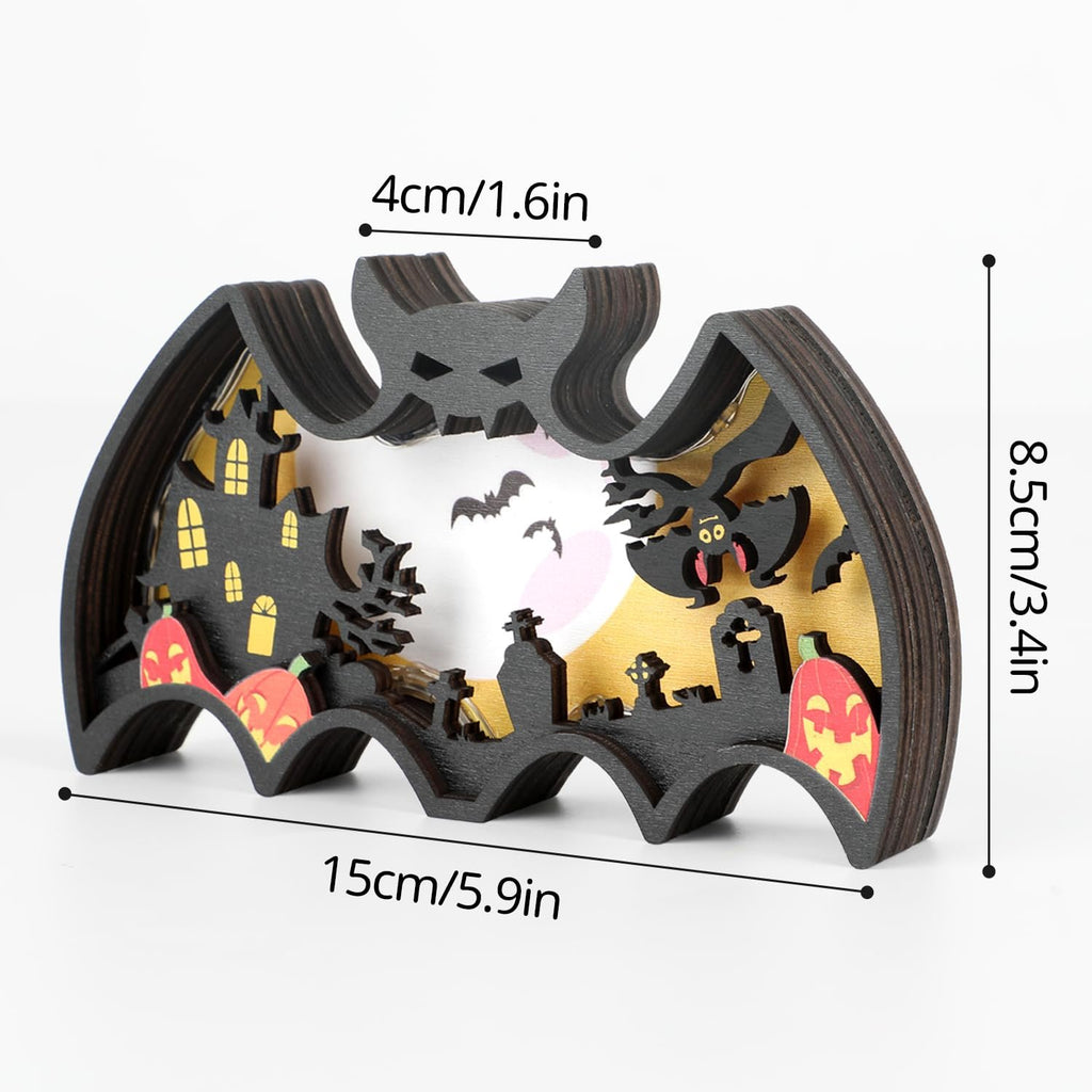 Wooden Halloween bat shadow box with carved haunted house, pumpkins, and bats, showing dimensions.