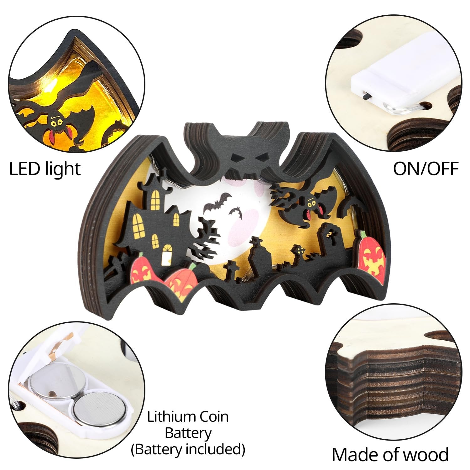 Halloween bat-shaped wooden shadow box with layered scene, showing LED lights and battery compartment.