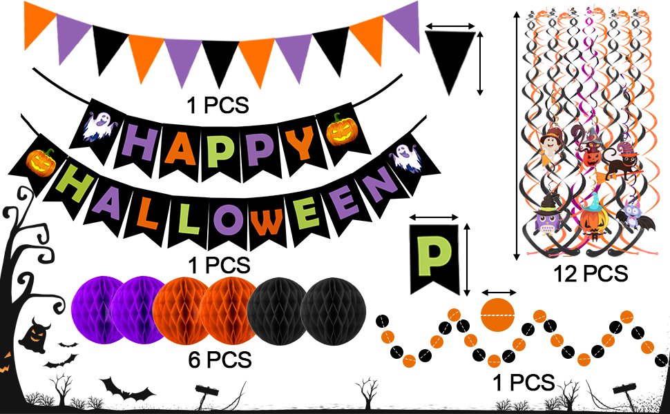 Halloween party decoration set including banners, honeycomb balls, and swirl streamers on a white background.