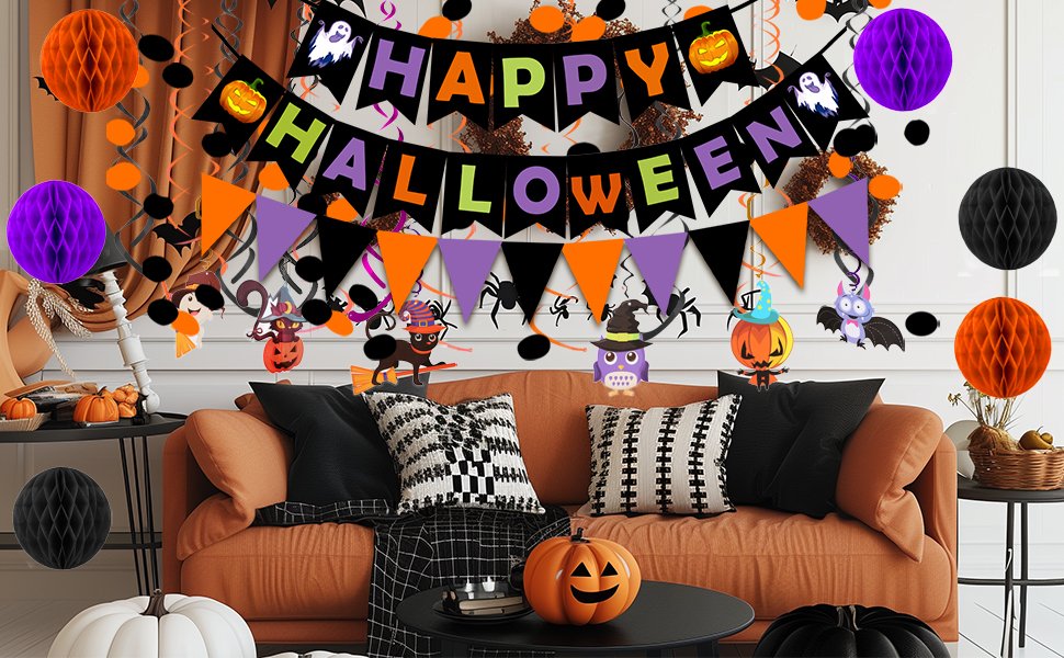 Halloween party decorations including a 'Happy Halloween' banner, honeycomb balls, and character cutouts displayed above a sofa.