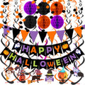 Halloween party decoration set including honeycomb balls, swirl streamers, and a 'Happy Halloween' banner with cartoon characters.