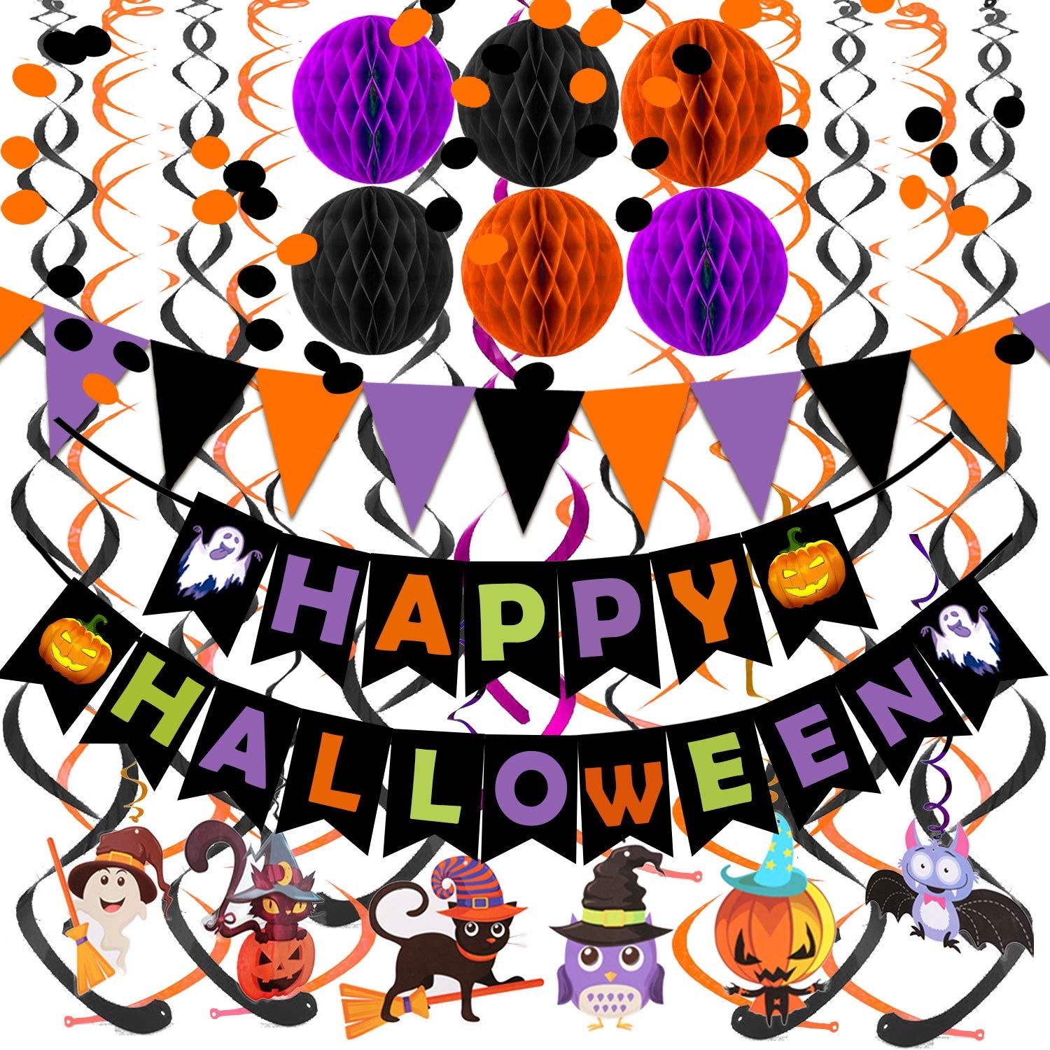 Halloween party decoration set including honeycomb balls, swirl streamers, and a 'Happy Halloween' banner with cartoon characters.
