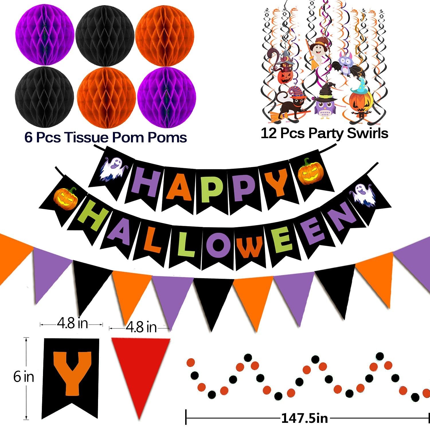 Halloween party decoration set including tissue pom poms, party swirls, and banners with text 'Happy Halloween'
