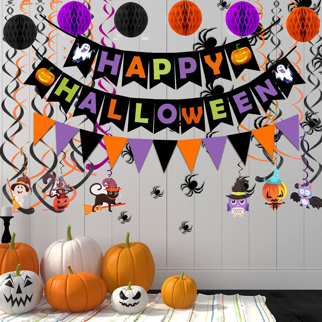 Halloween party decorations including a 'Happy Halloween' banner, honeycomb balls, swirl streamers, and pumpkins.