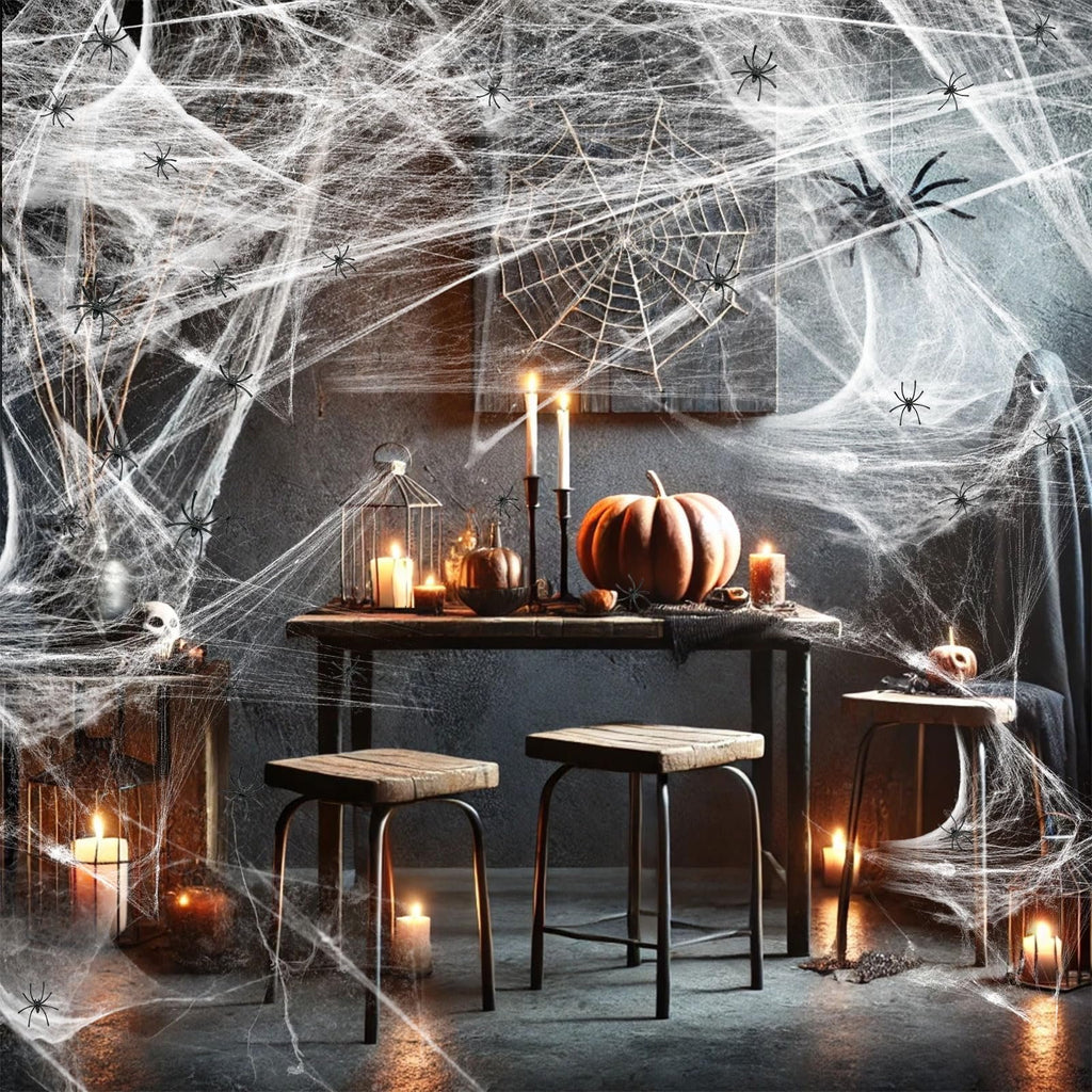 Halloween scene with stretchable cobwebs, fake spiders, pumpkins, candles, and a ghost figure.
