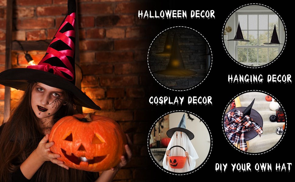 Girl in witch hat holding a carved pumpkin, with inset images showing hat decor ideas