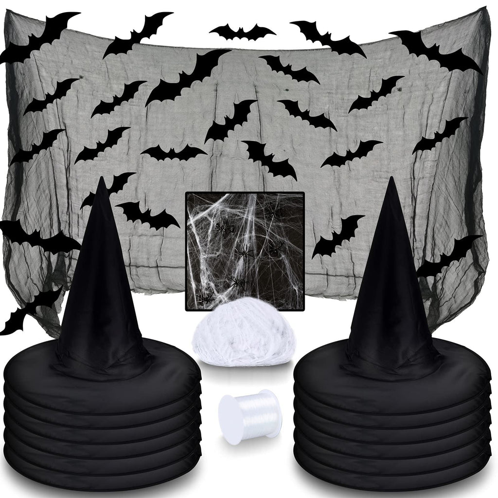 Halloween witch hat kit with black hats, black bats, spider web, creepy cloth, and white string on a white background.