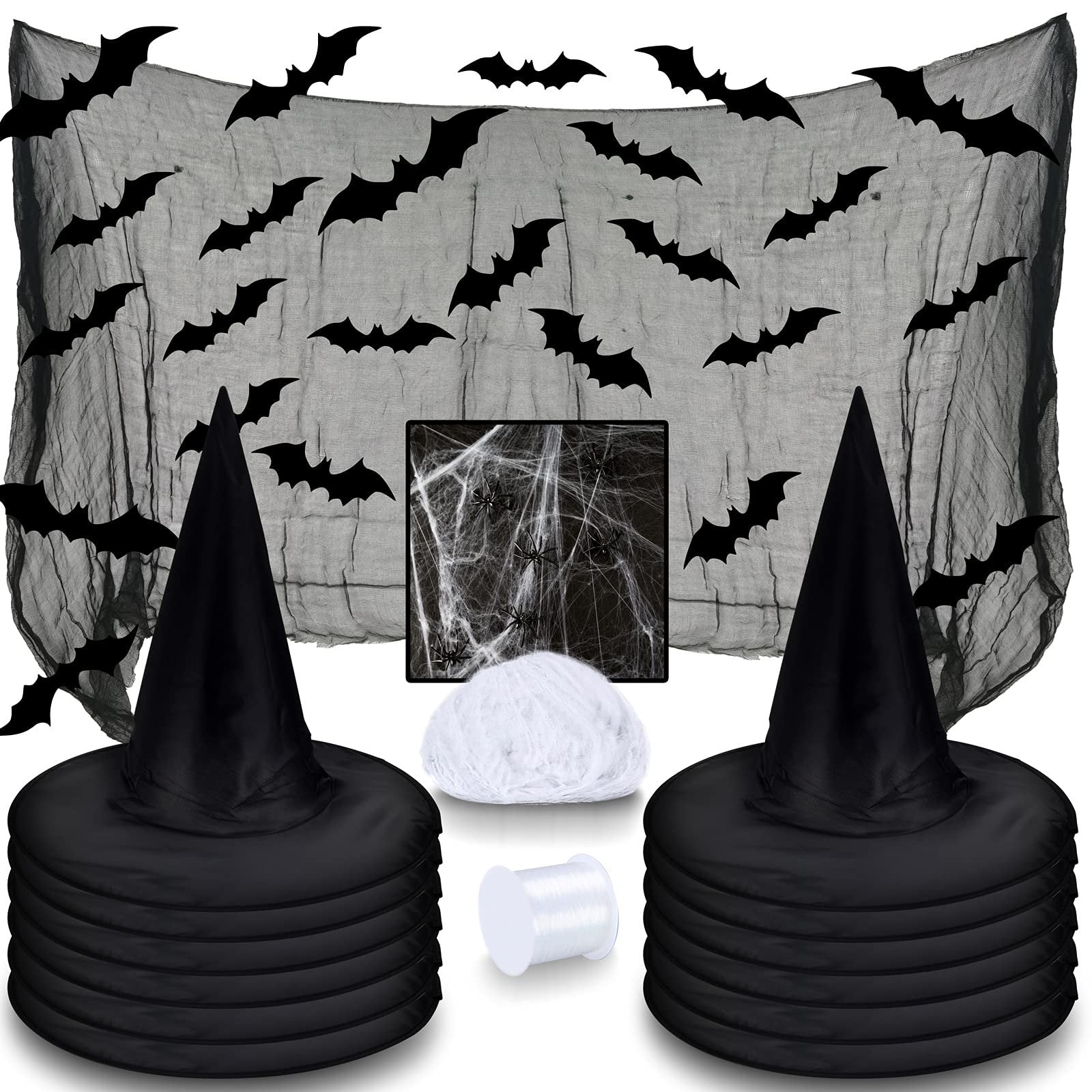Halloween witch hat kit with black hats, black bats, spider web, creepy cloth, and white string on a white background.